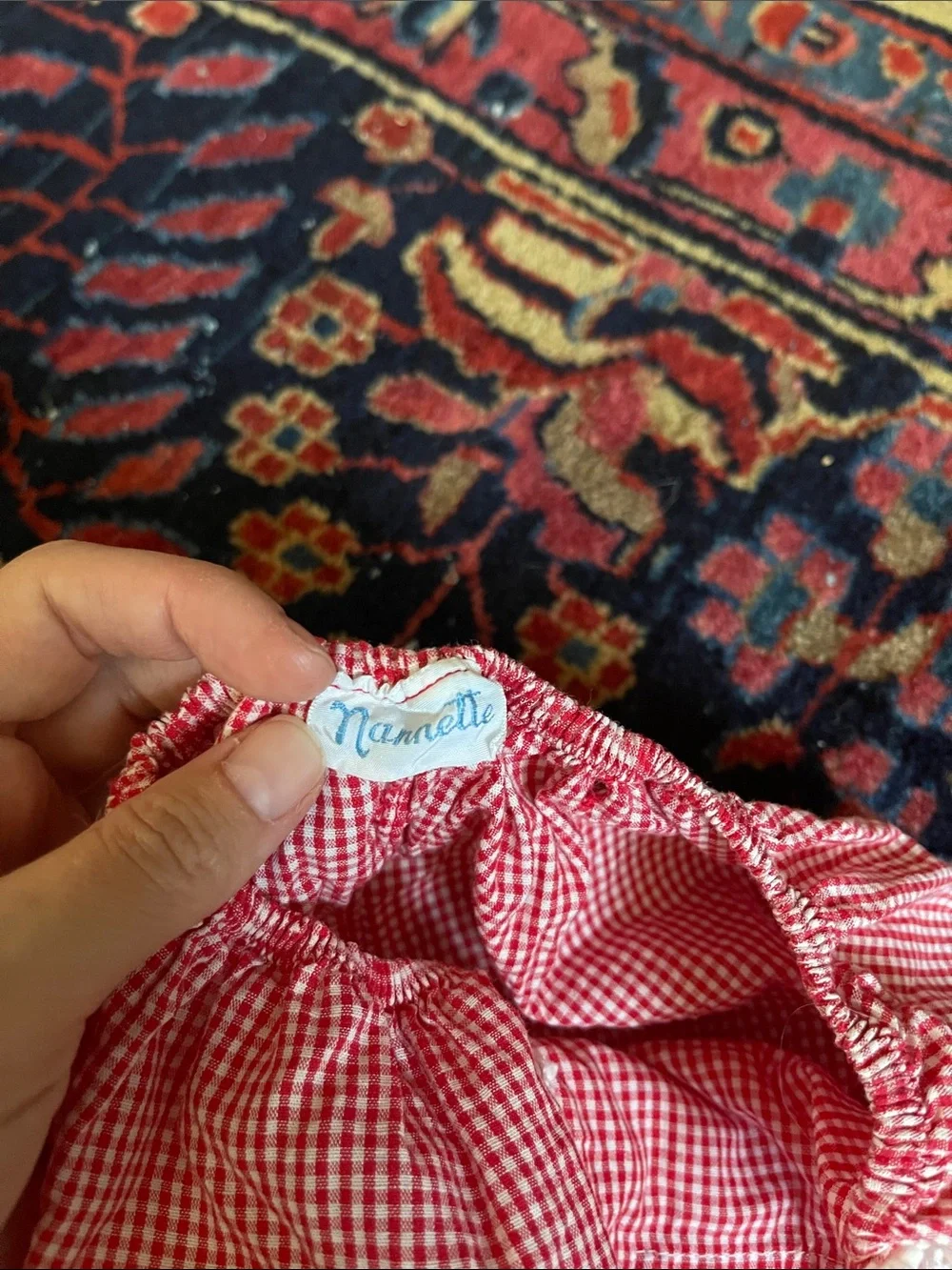 Red Gingham antique baby romper with Rooster Embroidery